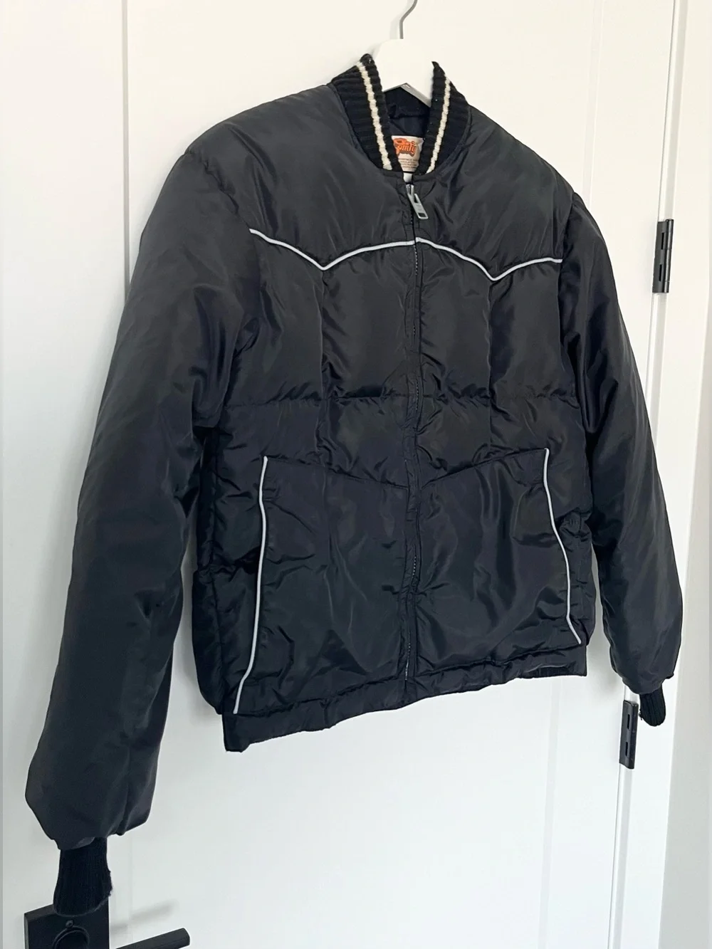 Vintage 80s Comfy Down Puffer Jacket Men S Black Bomber Zip Yoke Western Cowboy